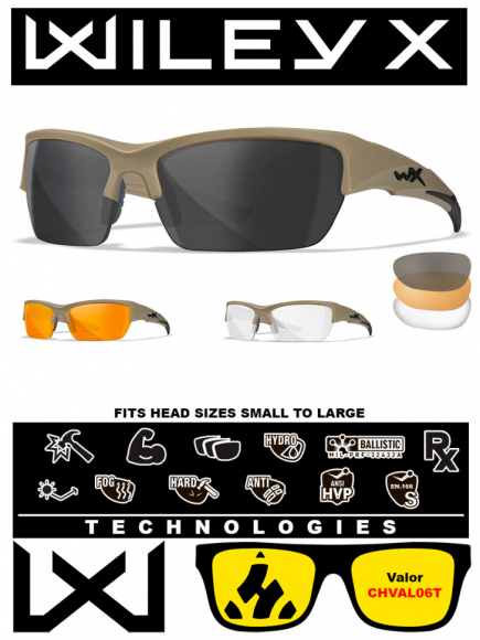 Баллистические очки для тактической стрельбы Wiley X Valor Matte Tan (Clear-Grey-Rust)