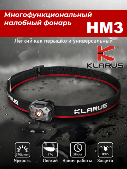 Фонарь налобный KLARUS HM3, 670Lm, акк.200mAh, черный