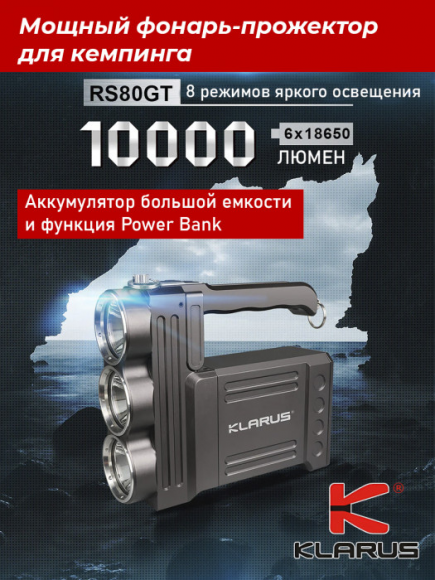 Фонарь прожектор KLARUS RS80GT, 10000Lm, акк.6х3400mAh, черный